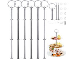 Set van 3 lagen - 6 stuks metalen staven - zilveren etagère met boor - gestapelde staven voor taarten - cupcakes - macarons - donuts - muffins en fruit (bord niet inbegrepen) - zilver