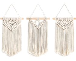 Set van 3 Luxe Macrame Wandkleed - Bohemian Wandtapijt - Handgemaakt Woonkamer Muurdecoratie - Boho Muurkleed - 100% Katoen Touw/Koord Wandhanger & Muurhanger - Muurtapijt Wanddecoratie - Wanddoek Kamer Wall Decoratie - Slaapkamer Tapestry Muurkleed