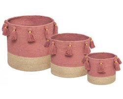 Set van 3 manden met PomPoms | 3 Boho Manden | Natuurlijke manden | Oud roze/Naturel Opbergmanden