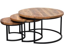Set van 3 mango hout - Salontafels - Rond - Zwart staal