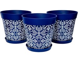Set van 3 Marokkaans blauwe plastic plantenpotten - ideaal voor binnen en buiten - 3 stuks - 25cm diameter