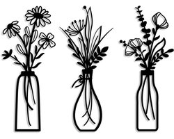 Set van 3 metalen bloemenwanddecoraties – moderne zwarte wanddecoratie in de vorm van bloemenvazen ​​– minimalistische muurkunst voor woonkamer, slaapkamer, keuken of hal – woondecoratiegeschenken