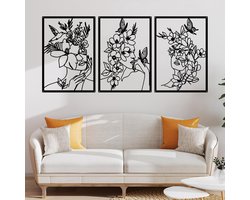 Set van 3 Metalen Wanddecoratie Minimalistisch Vrouw & Bloemen Silhouet Zwart
