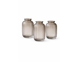 Set van 3 Mini Vaasjes Glas Grijs Ø7x12 cm – Geribbelde Glazen Vaas – Kleine Bloemenvaas voor Enkele Bloem – Decoratieve Vaasjes Set – Tafel Decoratie – Modern Interieur