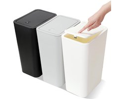 Set van 3 mini-vuilnisemmers met pop-up deksel, 10 liter, moderne afvalemmer voor badkamer, keuken, slaapkamer en kantoor, zwart, beige en grijs, 22 x 15 x 33 cm