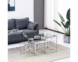Set van 3 Moderne Bijzettafels Vierkant met Zwart Glas en RVS Frame