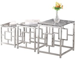 Set van 3 moderne salontafels van roestvrij staal en gehard glas