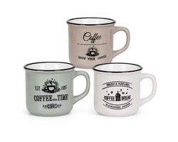 Set van 3 Mokken – Stoneware Koffiemokken 180 ml – Retro Emaille Look – Metallic Glazuur – Mintgroen, Beige & Crème – 9,5 x 7,5 x 6,7 cm