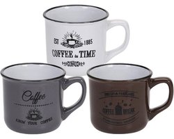 Set van 3 Mokken – Stoneware Koffiemokken 180 ml – Retro Emaille Look – Metallic Glazuur – Wit, Bruin & Grijs – 9,5 x 7,5 x 6,7 cm