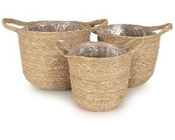 Set van 3 Natuurlijke Plantenbakken voor Binnen - Premium Zeegras Manden met Voering voor Kleine en Middelgrote Planten