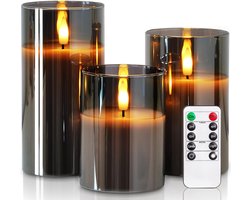 Set Van 3 Nep Kaarsen - Oplaadbare Kaarsen - Led Kaarsen - Vlamloze Votiefkaarsen - Grijze Glazen Vlamloze Kaarsen - D3 X H4", 5", 6" - Zuilkaarsen met Afstandsbediening en Timer - Voor Bruiloften, Feesten en Feestdagen