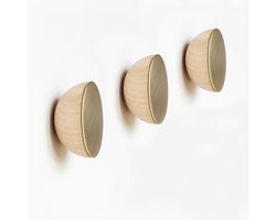 Set van 3 - Ø 5cm - Ronde Beukenhout & Goudkleurig Messing Kapstok/Jashaak/Knop