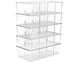 Set van 3 Opbergbakken – Plastic Bureau-organizers en Voedselopbergers met 4 Vakken voor de Voorraadkast, Keuken, Koelkast en Kasten; Ideaal voor Zakjes, Snacks, Knijpzakjes en Kruidenzakjes