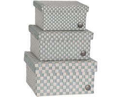 SET van 3 Opbergbox lichtgroen geruit patroon met deksel – stevige kunststof mand – decoratieve opbergdoos voor woonkamer, slaapkamer en kantoor - Handed By Cube Basket Basket size small, medium and large set 3