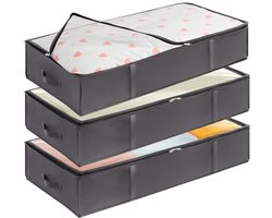 Set van 3 Opbergboxen voor onder het Bed - Grote Inhoud - Met Handvatten en Doorzichtige Top - Ruimtebesparend - Grijs