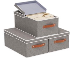 Set van 3 Opbergdozen – Decoratieve Stoffen Organizers met Handgrepen en Afneembaar Deksel, Opvouwbaar (41×25×16,5 cm) – Grijs