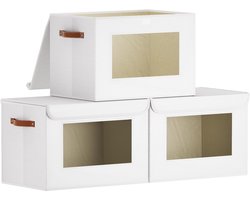 Set van 3 Opbergdozen – Kast Organizer, Opvouwbare Stoffen Dozen met Deksel, Transparant Venster, Handvat, Wit 45x30x30 cm