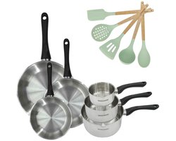 Set van 3 pannen 20/24/28 cm van roestvrij staal en 3 steelpannen 12/16/20 cm Fackelmann Geneva met 5 keukengerei