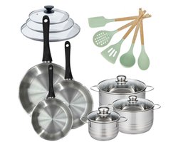 Set van 3 Pannen 20/24/28cm en 3 Kookpotten 16/20/24cm Fackelmann Genève met 5 keukengerei