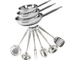 Set van 3 pannen van 20, 24 en 28 cm in roestvrij staal en 6 roestvrijstalen keukengerei Fackelmann Eterna