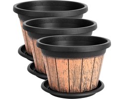 Set van 3 plantenpotten 23 cm - whiskyvat plantenbakken met drainage - decoratie bloempotten houten ontwerp buiten binnen tuin indigenous eco-vriendelijk