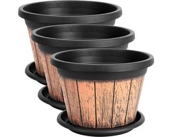 Set van 3 plantenpotten 23 cm - whiskyvat plantenbakken met drainage - decoratie bloempotten houten ontwerp buiten binnen tuin inheems eco-vriendelijk