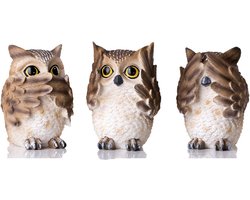Set van 3 polyresin uilenbeeldjes met verschillende gebaren, nee-nee, zie-nee, spreek-nee, grappige uil standbeeld decoratie voor thuis en op kantoor