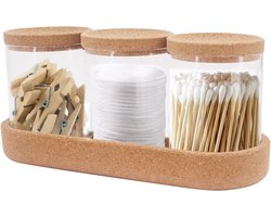 Set van 3 Q-tip houders met kurken deksels en tray, glazen potten voor wattenstaafjes, watten en tandflossers voor een georganiseerde badkamer