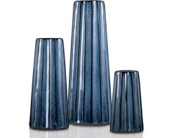 Set van 3 Ribbelde Keramische Vazen in Donkerblauw - Moderne Woondecoratie