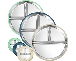 Set van 3 roestvrijstalen babybordjes met zuignap - BPA-vrije roestvrijstalen bordjes - 23 cm bordjes met vakjes - Vaatwasmachinebestendig - Antislip siliconen onderkant - Afneembaar ontwerp (wit + groen + blauw)
