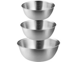 Set van 3 roestvrijstalen kommen,Met een schaal, 3 saladekommen van verschillende grootte (1,2L, 1,8L, 2,5L), roestvrijstalen mengkommen, stapelbaar en vaatwasserbestendig,Zilver