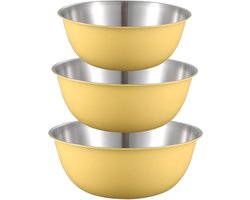 Set van 3 roestvrijstalen kommen,Met een schaal, 3 saladekommen van verschillende grootte (1,2L, 1,8L, 2,5L), roestvrijstalen mengkommen, stapelbaar,Geel