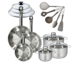 Set van 3 roestvrijstalen pannen 20/24/28 cm + deksels Fackelmann Eterna met 3 braadpannen 16/20/24 cm en 5 keukengerei