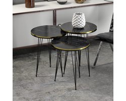 Set van 3 Ronde Bijzettafels Marmer Zwart en Goudkleurig - Stapelbaar Woonkamer