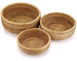 Set van 3 ronde rotan geweven fruitmand brood serveermanden snack opbergkommen tafel desktop aanrecht decoratieve display opbergmanden
