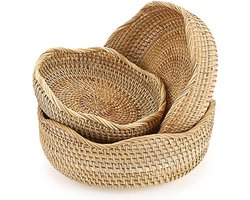 Set van 3 ronde rotan geweven fruitmand brood serveermanden snack opbergkommen tafel desktop aanrecht decoratieve display opbergmanden (golvende rand)