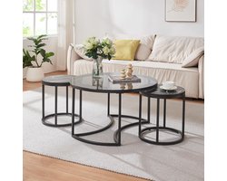 Set van 3 ronde salontafels met glas en metalen onderstel