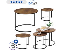 Set van 3 ronde salontafels vintage houtlook naturel, bijzettafels 51 40 en 30 cm stapelbaar design, moderne industriële tafels met MDF blad en zwart stalen frame voor woonkamer kantoor balkon multifunctioneel en ruimtebesparend Met Ebook