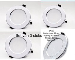 Set van 3 Ronde Waterdichte LED Inbouwspots – Badkamer, Gang, Woonkamer & Buiten – Warm Wit 3000K – IP65 – Sparing 70–85 mm