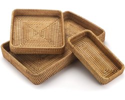 Set van 3, rotan dienblad, rechthoekige rieten lade, natuurlijke geweven decoratieve serveermanden voor het organiseren van tafelblad keuken aanrecht