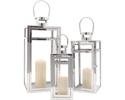 Set van 3 RVS Decoratieve Lantaarns - Metaal Zilver - 48, 38, 30cm - Hangend & Staand - Sfeervolle Binnen en Buiten Verlichting