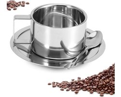 Set van 3 RVS Dubbelwandige Koffiekoppen met Lepel en Schotel voor Latte, Cappuccino en Espresso - Perfecte Keukenaccessoires voor Koffieliefhebbers