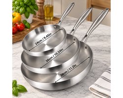 Set van 3 RVS Koekenpannen – 24, 26 & 28 cm – Ongecoate Roestvrijstalen Pannenset – Meerlaags Staal voor Gelijkmatige Warmteverdeling – Geschikt voor Inductie & Alle Warmtebronnen – Ovenbestendig