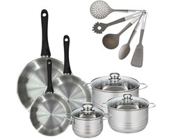 Set van 3 RVS Pannen 20/24/28cm Fackelmann Geneva & 3 Kookpotten 16/20/24cm met 5 Fackelmann Keukengerei