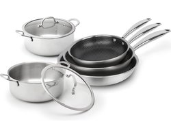 Set van 3 RVS triply pannen 20 + 24 + 28 cm met non-stick honeycomb coating + 2 kookpotten 22 + 26 cm + 3 glazen deksels 22 + 26 cm - Zilver / Zwart / Transparant
