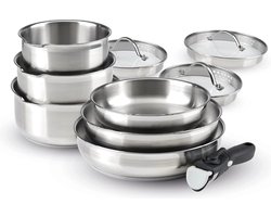 Set van 3 sauspannen in roestvrij staal + 3 braadpannen + 1 afneembaar handvat + 3 zeefdeksels met roestvrij stalen handvat - Zilver / Zwart / Transparant