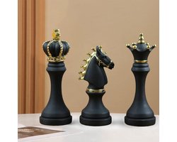 Set van 3 schaakstukken standbeeld sculptuur decoratiefiguur meubelstuk woonaccessoire moderne kunst kantoor tafeldecoratie, zwart