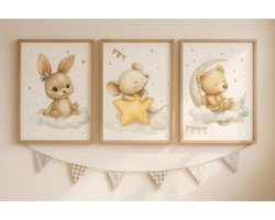 Set van 3 Schattige Dieren Posters voor Kinderkamer - Decoratie Wanddecoratie Meisjes en Baby - A4 (21x29,7 cm) Zonder Lijst