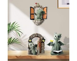 Set van 3 Schattige Draken Sculpturen van Hars voor Tuin, Binnenplaats en Balkon Decoratie, Unieke Tuindecoratie en Beeldjes voor Buiten en Binnen