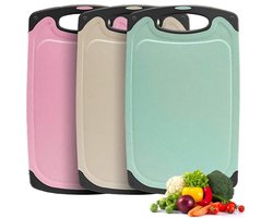 Set van 3 snijdienbladen, tarwestro, BPA-vrij, met sapgroeven, gemakkelijk vast te pakken, ophanggaten, antislip en vaatwasmachinebestendig, beige + groen + roze